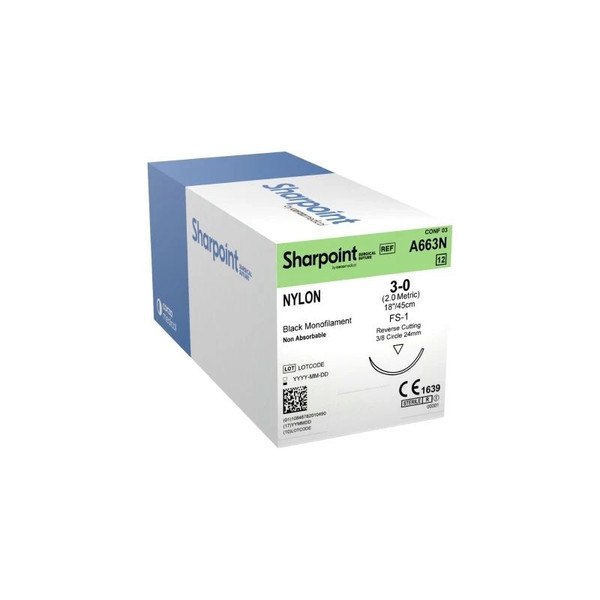 Surgical Specialties - A663N - Nonabsorbable Suture With Needle Nylon Ds24 3/8 Circle Reverse Cutting Size 3 - 0 Monofilament