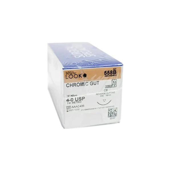 Surgical Specialties - Look - 558B - Absorbable Suture With Needle Chromic Gut C - 6 3/8 Circle Reverse Cutting Size 4 - 0