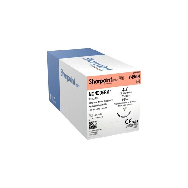 Surgical Specialties - Monoderm - Y496N - Absorbable Suture With Needle Polyglycolic Acid Dsm19 3/8 Circle Precision Reverse Cutting Size 4 - 0 Monofilament
