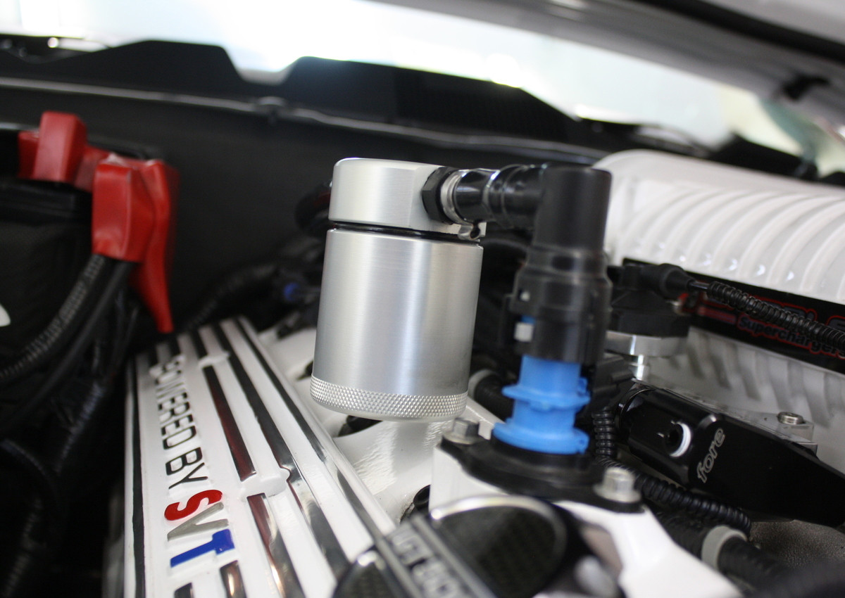 J&L Oil Separator 3.0 Passenger Side (2007-2014 Ford Mustang GT500) installed  kit in the engine bay.