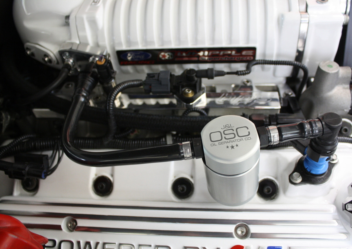 J&L Oil Separator 3.0 Passenger Side (2007-2014 Ford Mustang GT500) installed  kit fully installed under the hood.