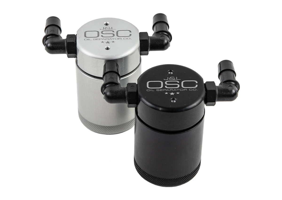 J &L Oil Separator 3.0, Passenger Side (2011-2017 Ford Mustang 3.7L V6) canister with hoses on white background.