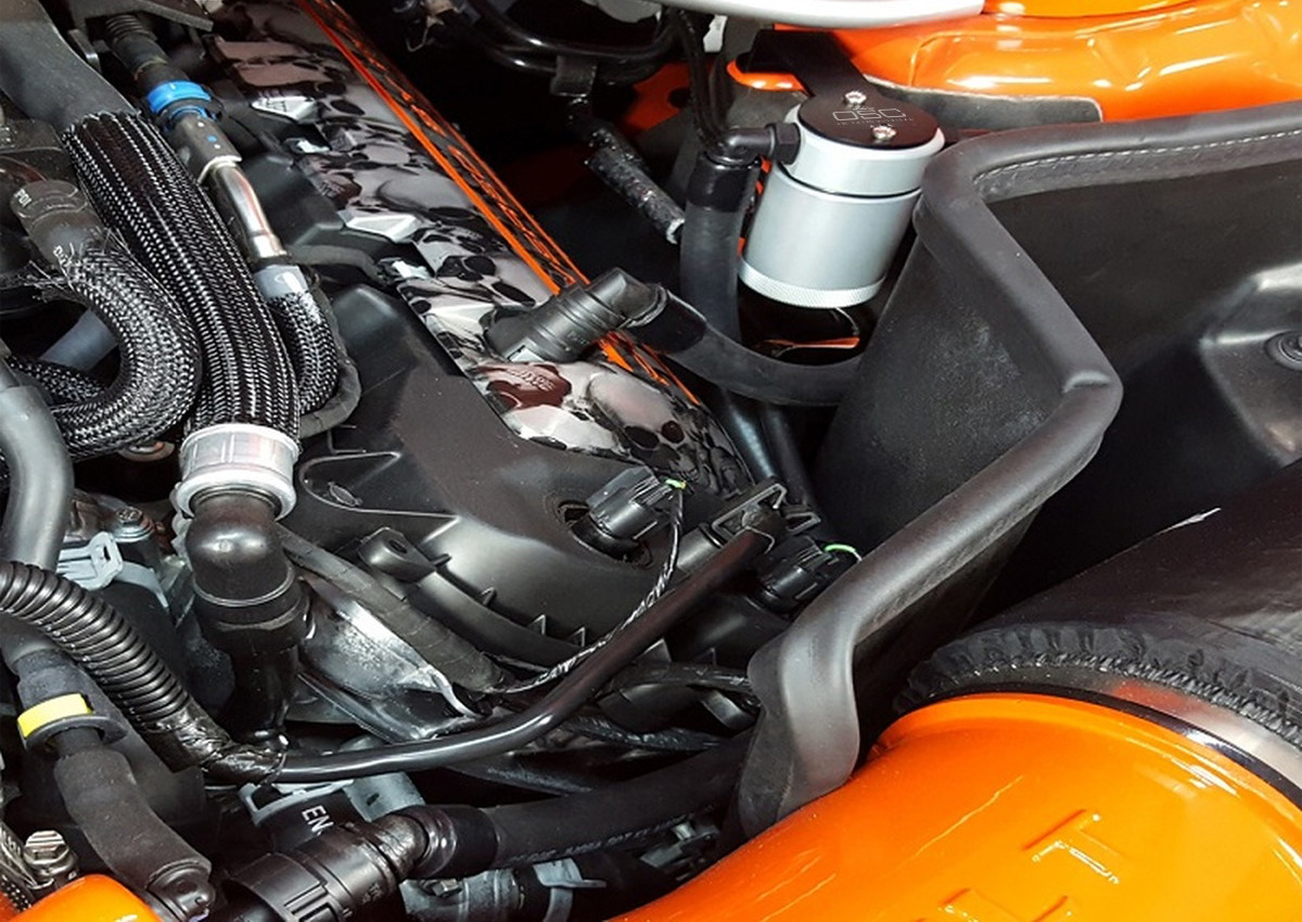 J&L Oil Separator 3.0 Driver Side (2011-2017 Mustang GT; 2012-13 Boss 302; 2015-2020 GT350) installed in engine