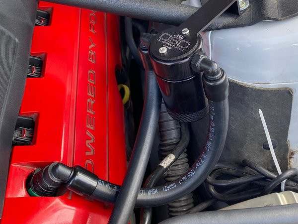 J&L Oil Separator 3.0 Driver Side (2011-2017 Mustang GT; 2012-13 Boss 302; 2015-2020 GT350) installed top view