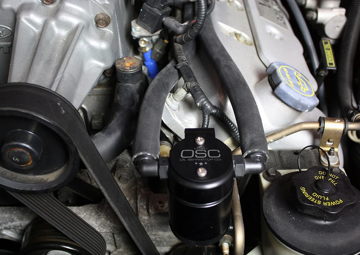 J&L Oil Separator 3.0 Driver Side (1999-2004 Ford Mustang Cobra & 2003-2004 Ford Mustang Mach 1) installed in engine
