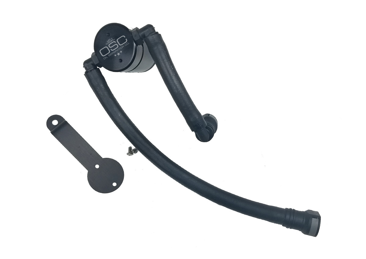 J&L Oil Separator 3.0 Passenger Side (2005-2010 Ford Mustang V6)  canister with hoses on white background.