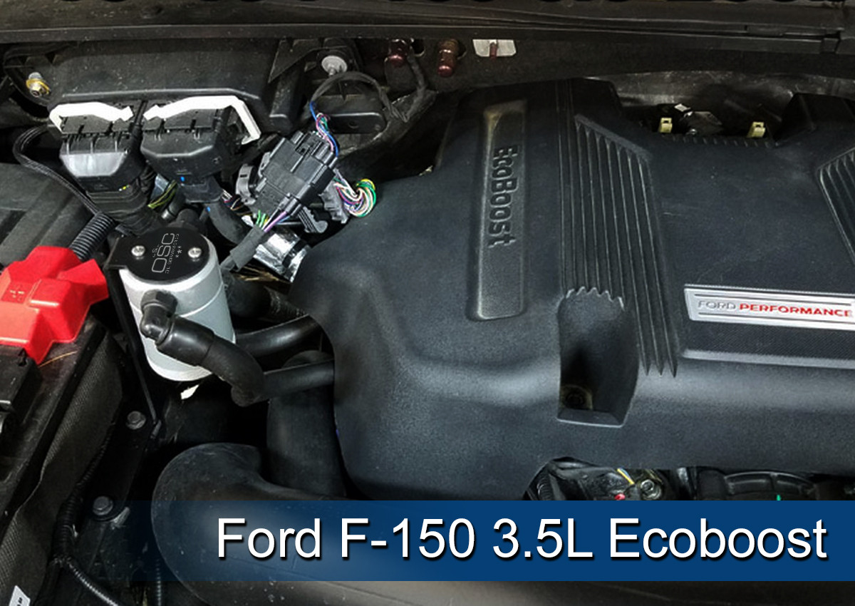 Overhead engine bay view showing hose routing of J&L Oil Separator 3.0 Passenger Side (2011-2026 F-150 - 2.7L; 3.5L EcoBoost; 2018-2021 Expedition 3.5L).