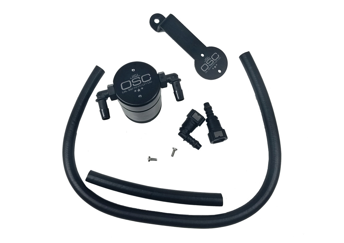 J&L Oil Separator 3.0 Passenger Side (2005-2010 Mustang GT; Bullitt; Saleen) showing mounting bracket and hose layout.