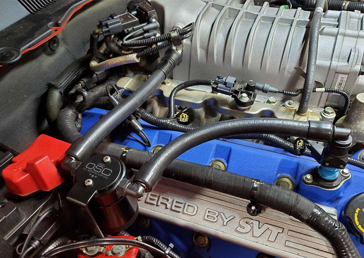 J&L Oil Separator 3.0 Passenger Side (2007-2014 Ford Mustang GT500 - Remote Mount) installed