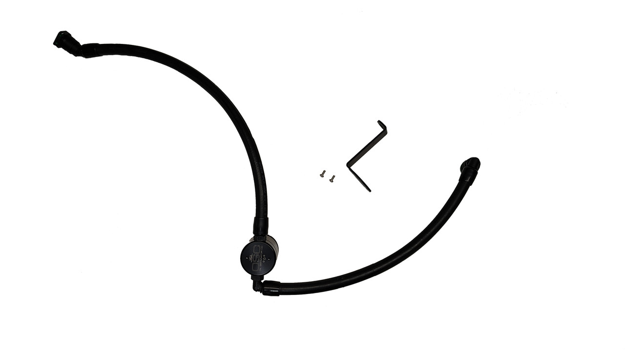 J&L Oil Separator 3.0 (2025 Ford Bronco Sport, Maverick; 2023-2025 Ford Escape; Lincoln Corsair 2.0L) canister with hoses on white background.