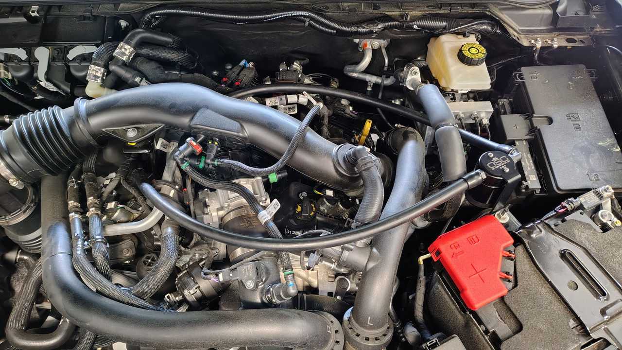 J&L Oil Separator 3.0 PCV Side (2024-2025 Ford Ranger Raptor 3.0L) kit in engine bay.