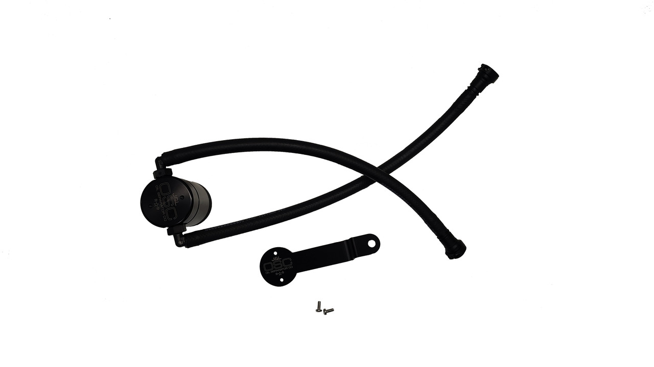 J&L Oil Separator 3.0 PCV Side (2014-2018 Chevy Silverado/GMC Sierra 1500 4.3L)  canister with hoses on white background.