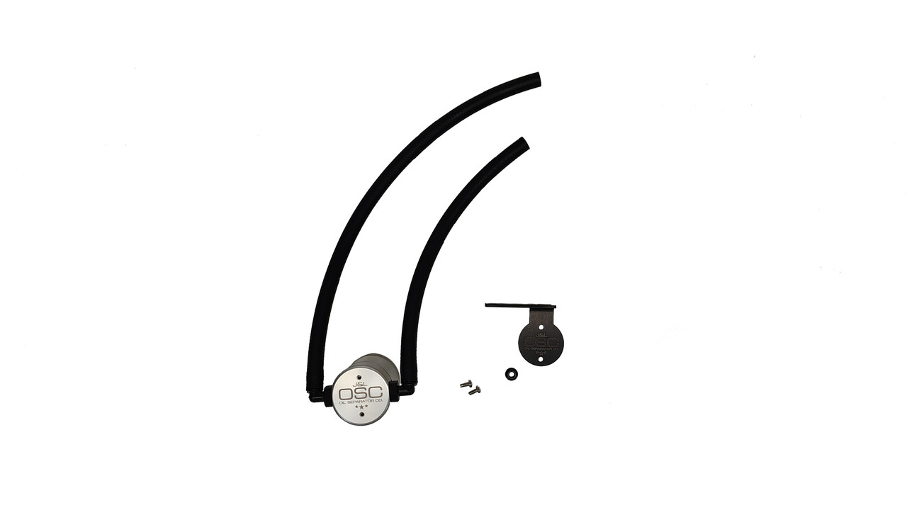J&L Oil Separator 3.0 PCV Side (2022-2025 Nissan Pathfinder; 2022-2024 Infiniti QX60 3.5L) 2022-2024 Infiniti QX60 3.5L) canister with hoses on white background.