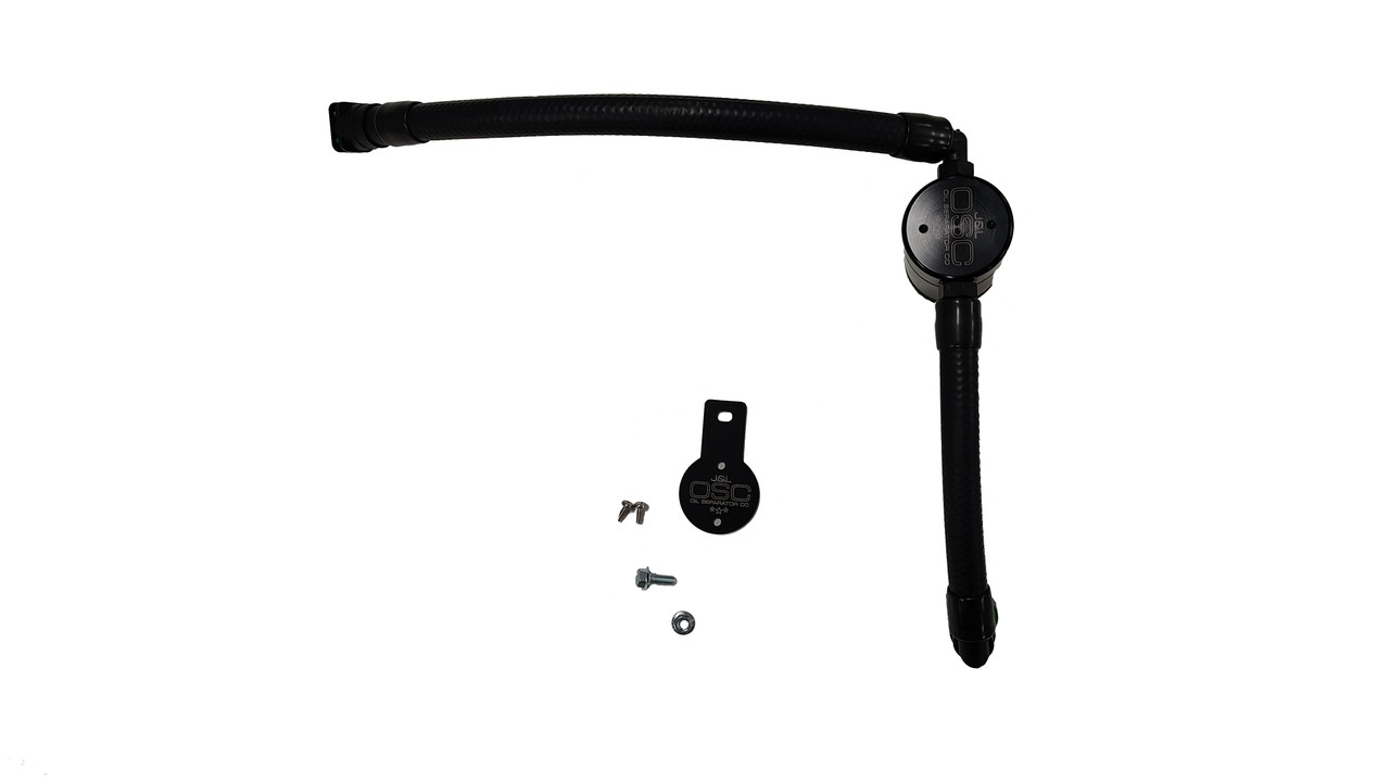 Matte black J&L oil separator kit with curved hoses and connectors on a white background.