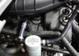 Overhead engine bay view showing hose routing of J&L Oil Separator 3.0, Passenger Side (2011-2017 Ford Mustang 3.7L V6).