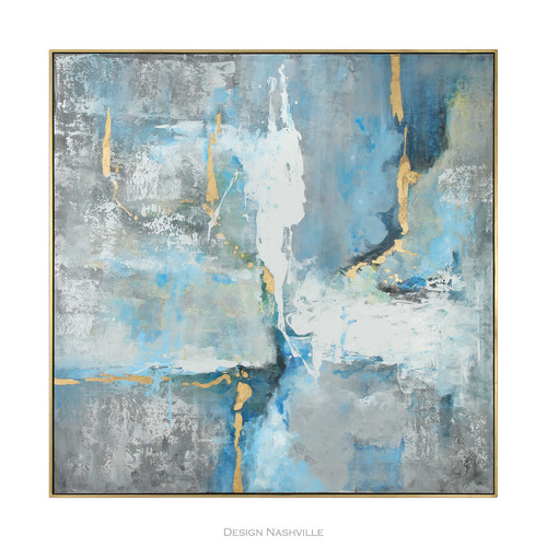 Blue Journey abstract canvas painting with gold frame. 61" x 61"