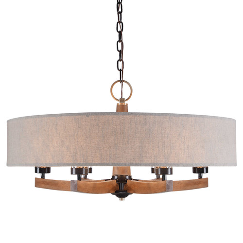 Huxley Wood chandelier with drum shade and decorative glass shades