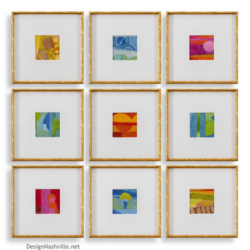 Petite Dreamscapes abstract colorful art with white mattes and gold leaf frames. Set of 9