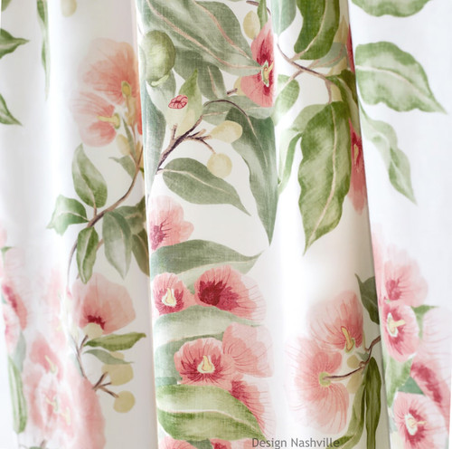 Camellia floral print fine linen fabric coral green white