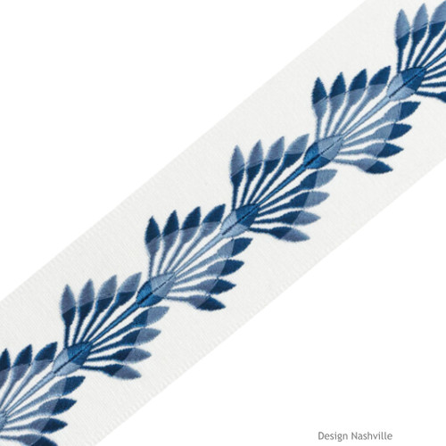 Royal Palms embroidered blue leaves on white tape trim