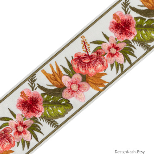 Tropical Hibiscus fine quality embroidered trim tape coral, red, green, white 3.9" wide