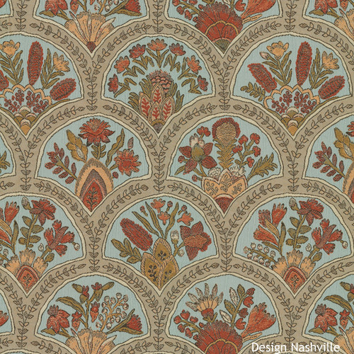 Cantania Bouquets vintage botanical floral ARt Nouveau tapestry fabric muted blue and spice