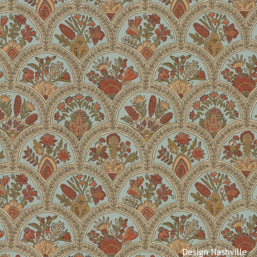 Cantania Bouquets vintage botanical floral ARt Nouveau tapestry fabric muted blue and spice