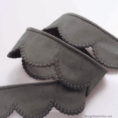 scalloped graphite grey linen tape with fancy embroidered edge