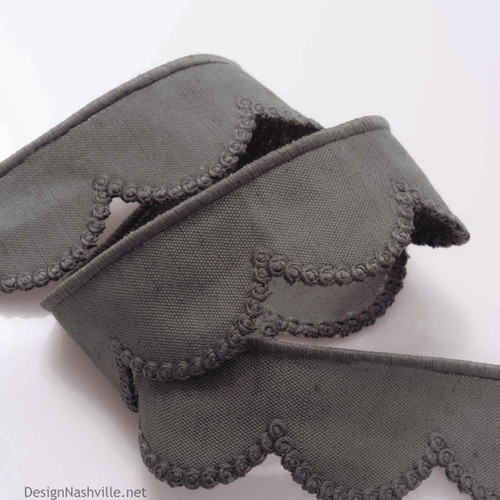 scalloped graphite grey linen tape with fancy embroidered edge
