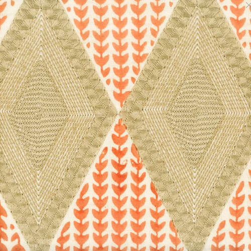 embroidered green/ beige diamonds on white and orange print fabric