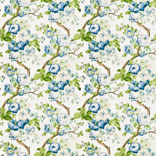 blue and green floral on white cotton print fabric