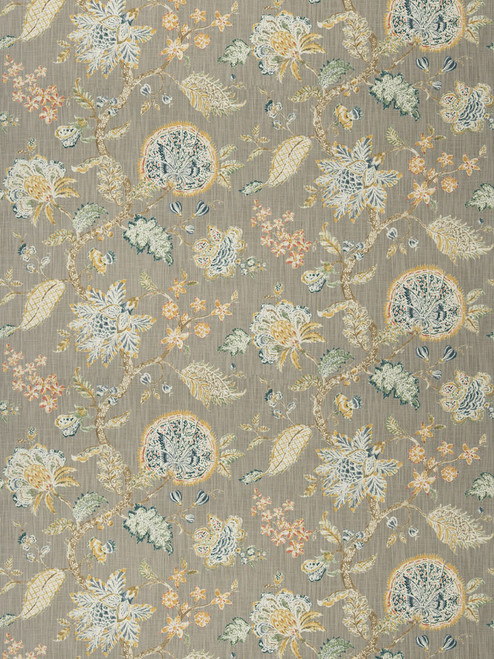 Teal flowers on grey fabric for draperies, bedding, and upholstery