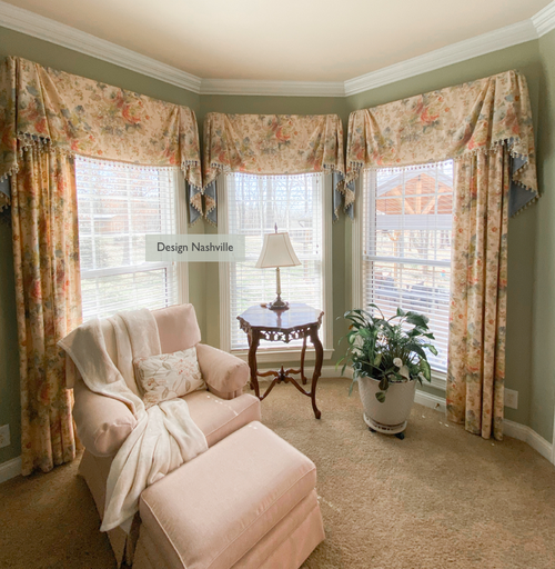 custom bay window draperies Design Nashville Impressionist Floral fabric