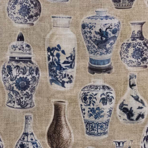 blue and white Ming vases print fabric