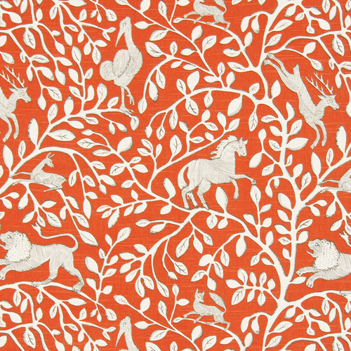 Animals and vine print of white on red-orange. Novelty print fabric