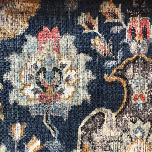 Ethnic floral linen print fabric blue, rouge