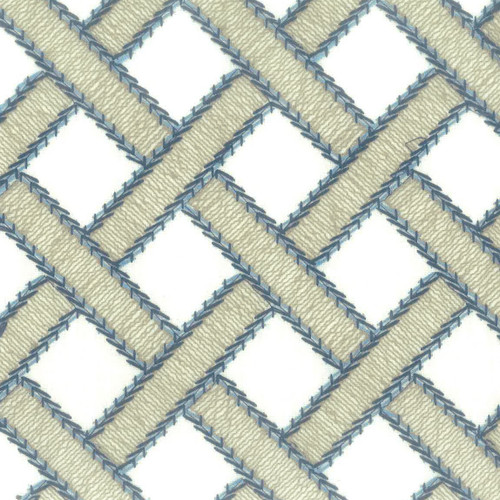 blue and green embroidered trellis on white fabric