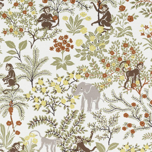 elephant and monkeys printed linen blend fabric