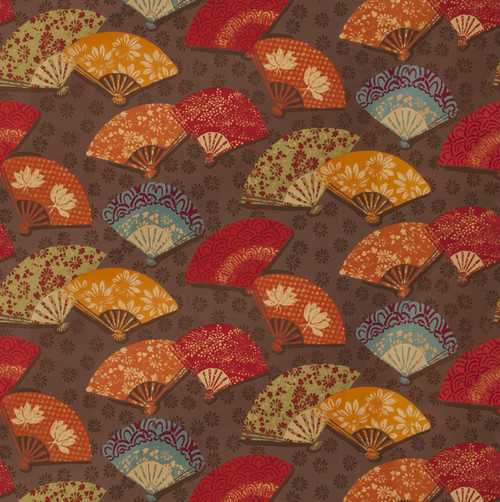 colorful Oriental fans on brown cotton print fabric