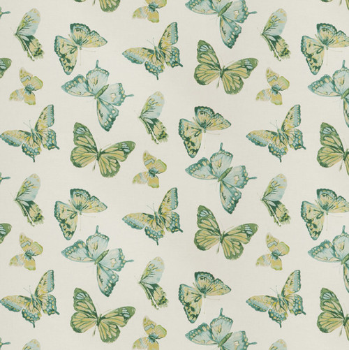 aqua, teal, green butterflies on white printed cotton/ linen fabric