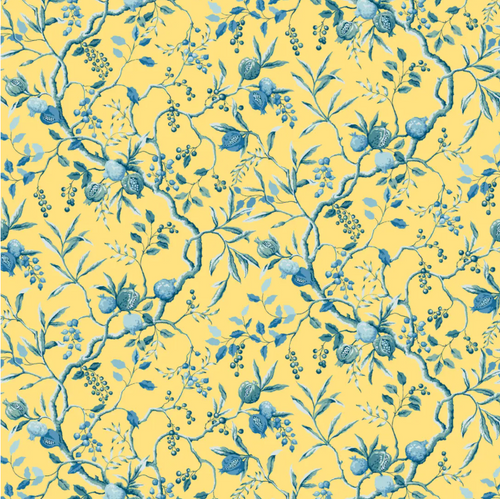 large scale fruit and berry vine blue on vibrant yellow printed cotton fabric