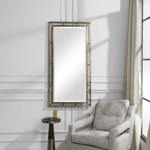 Large transitional mirror with open frame, distressed copper