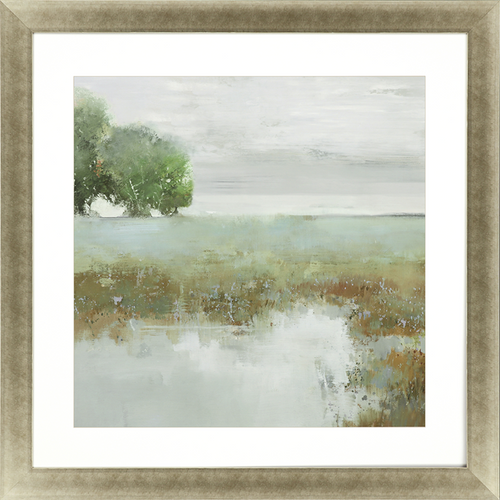 large square tree and water landscape green, grey, white 42 x 42
