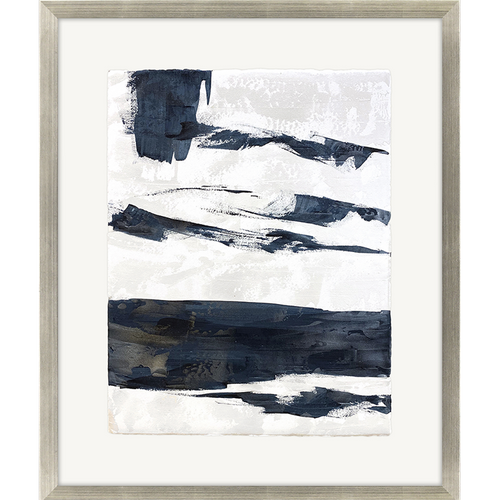 blue black brushwork abstract art. vertical framed in pewter