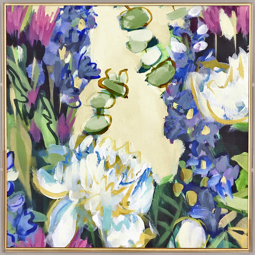 expressionistic flower painting shadow box, purple blue 20x20