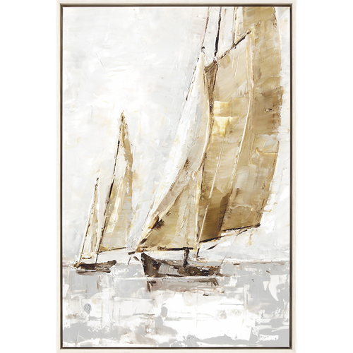 large, vertical sailboat framed canvas art 50" H