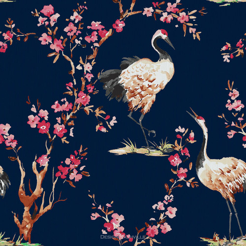 Talking Cranes navy background printed fabric