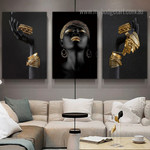 African Art Gold Jewellery Woman Modern Framed Painting Photograph 3 Piece Stretched Canvas Art Prints For Room Décor