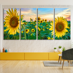 Field Of Blooming Sunflowers Landscape Modern Painting Photograph 4 Piece Framed Canvas Wall Art Prints Set For Room Wall Decor