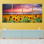 Sunflower On Sunset Landscape Modern Painting Pictures 4 Piece Framed Canvas Wall Art Prints Set For Drawing Room